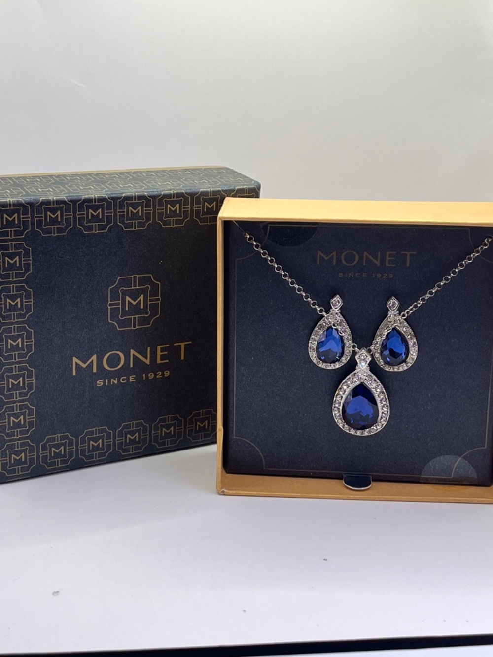 Monet Blue Teardrop Necklace & Earrings Set Silver Tone Rhinestone Halo NIB